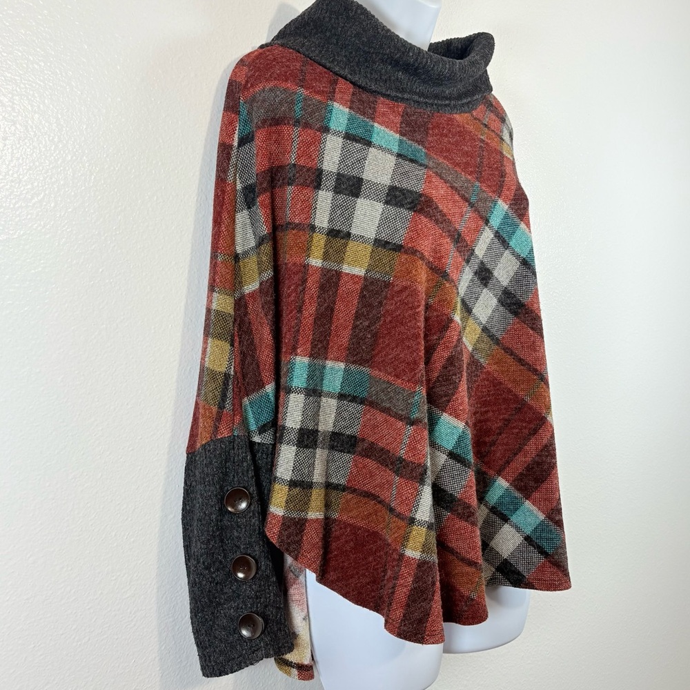 Chris & Carol Multicolor Plaid Cowl Neck Artsy Boho Lagenloom Poncho Sweater 2XL - Picture 3 of 15